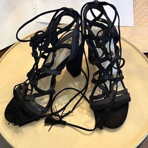 BCBGeneration Ronny Braided Suede & Leather Lace-Up Tassels Block Heel Sandals